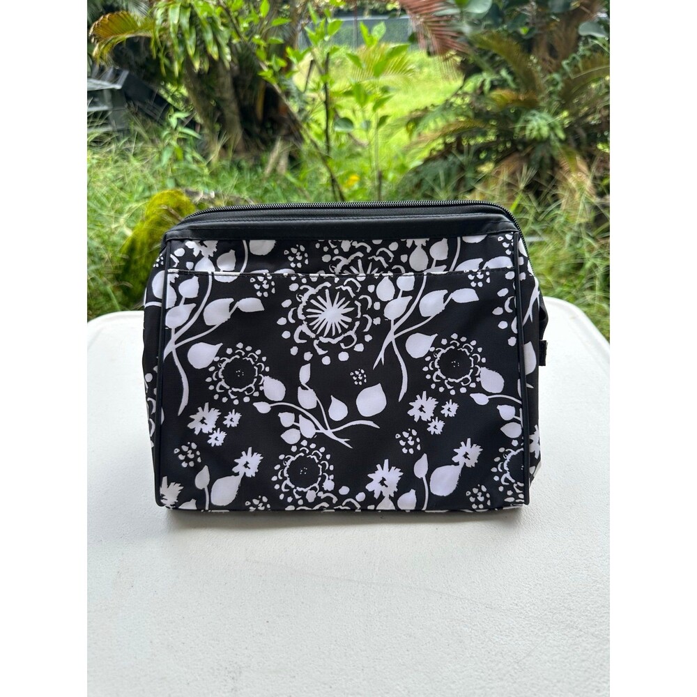 NWOT Thirty One Black White Floral Brushstrokes Vinyl Framed Cosmetic Bag